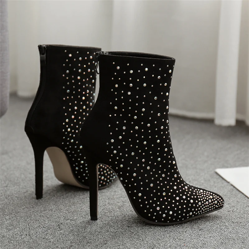 

2019 Luxury Women Design Ankle Boots Sexy Stiletto 11.5cm Heels Lady Crystal Boots Short Autumn Winter Chelsea Stripper Shoes