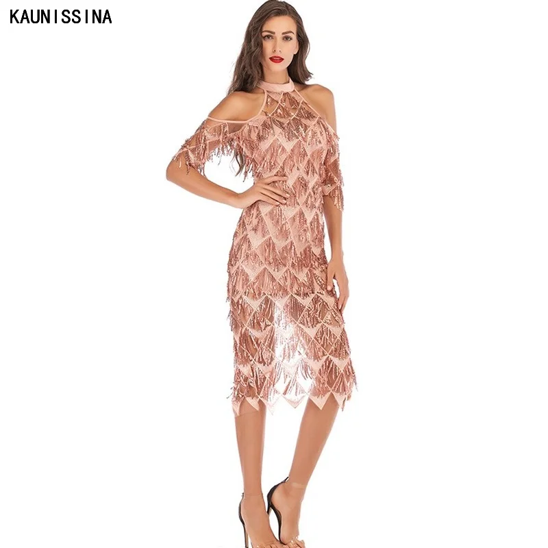 

KAUNISSINA Sequin Cocktail Dress Halter Neck Tassels Knee Length Sexy Straight Homecoming Robe Ladies Summer Party Dresses Gown