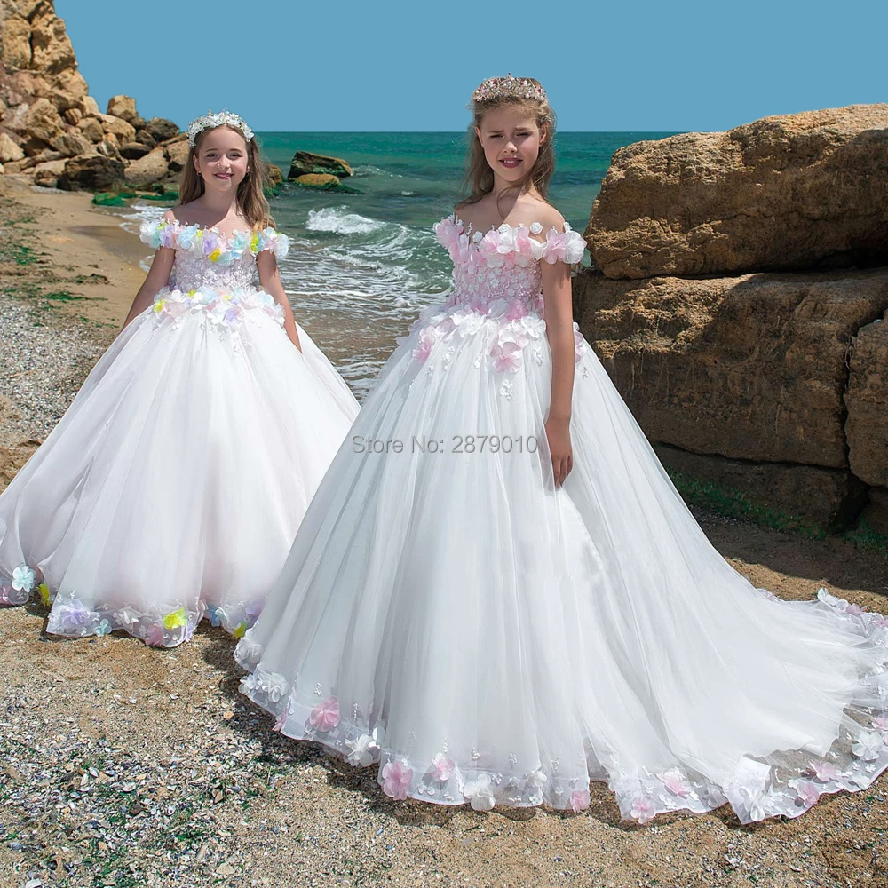 

Boat Neck White Flower Girl Dresses Full-Length Appliques Tulle Pageant Dress For Girls Birthday Girl Princess Zipper Train