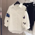 Новинка 2020, белая женская рубашка с вышивкой бабочки, рукав три четверти, свободная блузка и топ, женские рубашки на пуговицах NS4551