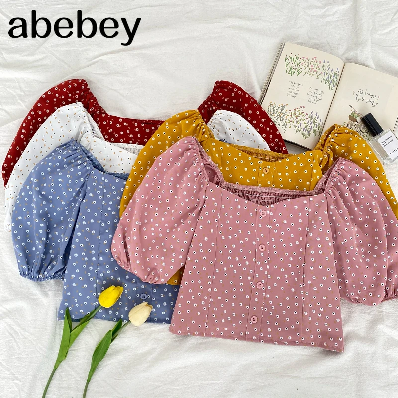 

2021 New Summer Women Fashion All-match V-neck Blouse single breasted floral print solid slim fit short Shirt Top
