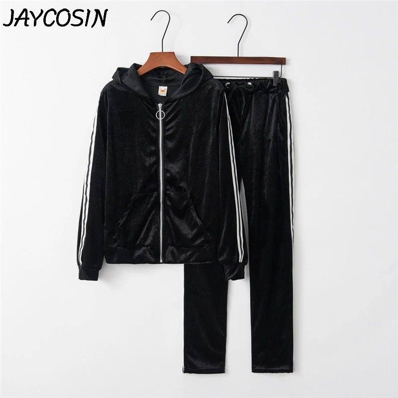 JAYCOSIN спортивный костюм для женщин с золотым бархатом с длинным рукавом на молнии Толстовка Топ боковые полосатые штаны комплект из 2 предметов повседневные спортивные костюмы