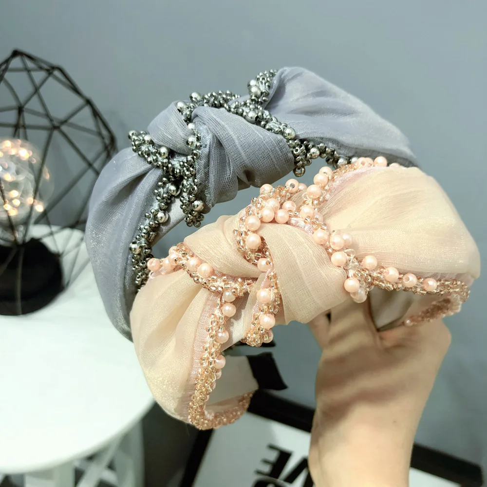 

Korea Fashion Women Bead Pearl Knotted Hairbands Solid Trendy Hair Accessories Hairband Crown Headbands For Girls Hair Bows