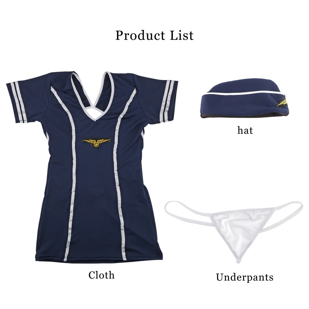 

OLO Sexy Stewardess Uniform 3Pieces Suit Hat +Dress+G-String Role Play Short Backless Dress Exotic Costumes Adult Products