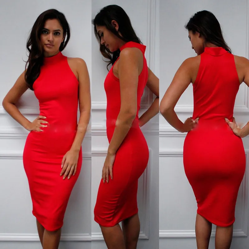 

2021 Spring Summer Fashion Turtleneck Sleeveless Elegant Pencil Dress Women Sexy Club Party Bodycon Bandage Slim Dress Vestido