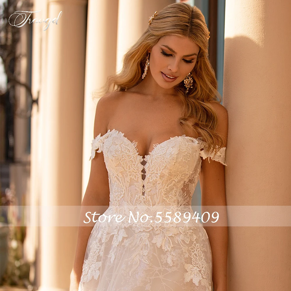 

Traugel Sexy Boat Neck Illusion Lace Wedding Dresses Luxury Applique Off The Shoulder Court Train A Line Bridal Gown Plus Size