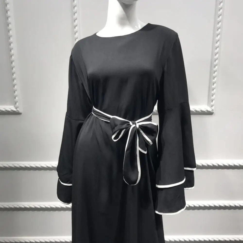 

Elegant Muslim dress striped peignoir Robes Dubai female full length Double layer flare sleeve Abaya Muslim abayas F2101