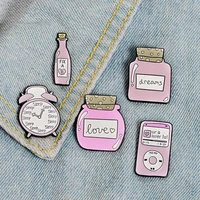 pink enamel pins sleep clock love dream bottle brooches denim shirt lapel pin bag cartoon cute jewelry gift for girl