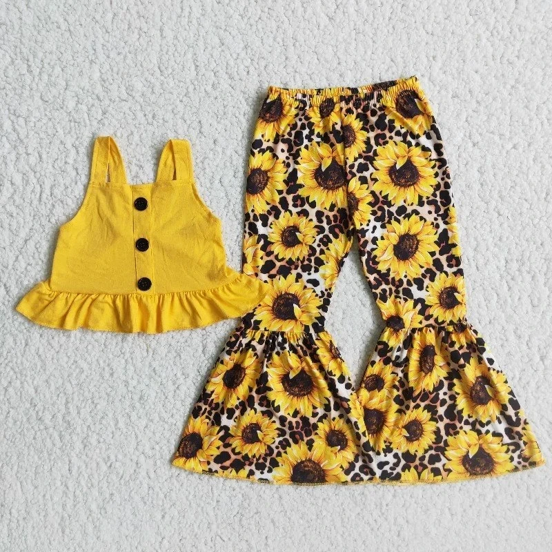 

Wholesale Baby Girl Kids Fashion Clothing Yellow Sunflower Tie Dye Shirt Flower Striped Bells Pants Children Boutique Outfit Set