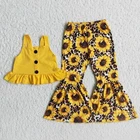 Оптовая продажа, модная одежда для маленьких девочек, желтая рубашка с принтом подсолнуха, цветочные полосатые штаны с колокольчиками, комплект детской одежды из бутика