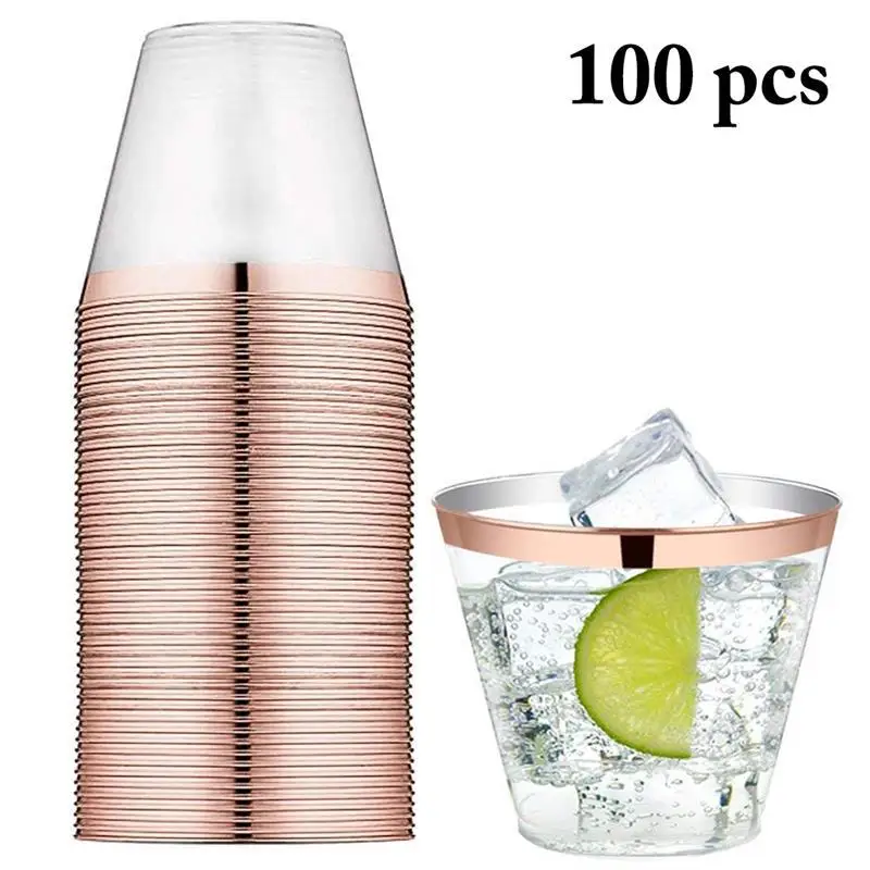 100pcs Одноразовые золотые розовые пластиковые чашки прозрачные одноразовые чашки набор золотые розовые Золотые Бронзовые чашки для свадебной вечеринки Питьевая утварь - Цвет: 100pcs