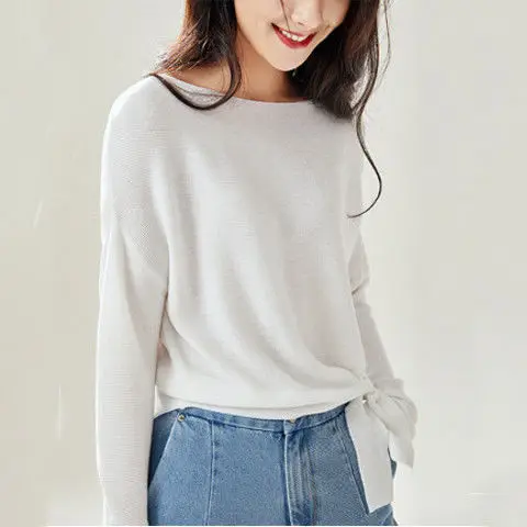 

Spring and autumn women's new knitwear women's one line neck sweater loose outside wear niche design top