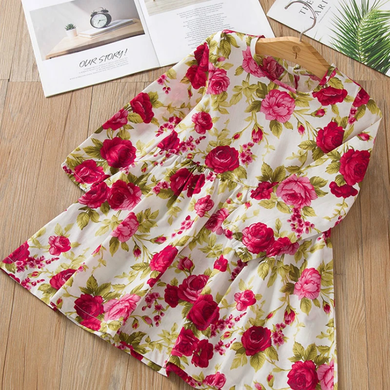 Платье для девочек новое весенне-осеннее платье маленьких с рисунком розы