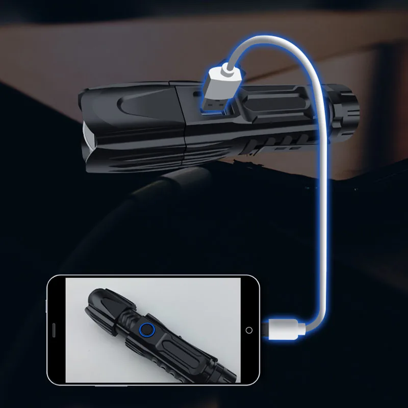 Multifunction LED Flashlight USB Rechargeable Zoomable Torch Light Power Display Safety Hammer for Outdoor Camping Fishing MCK |