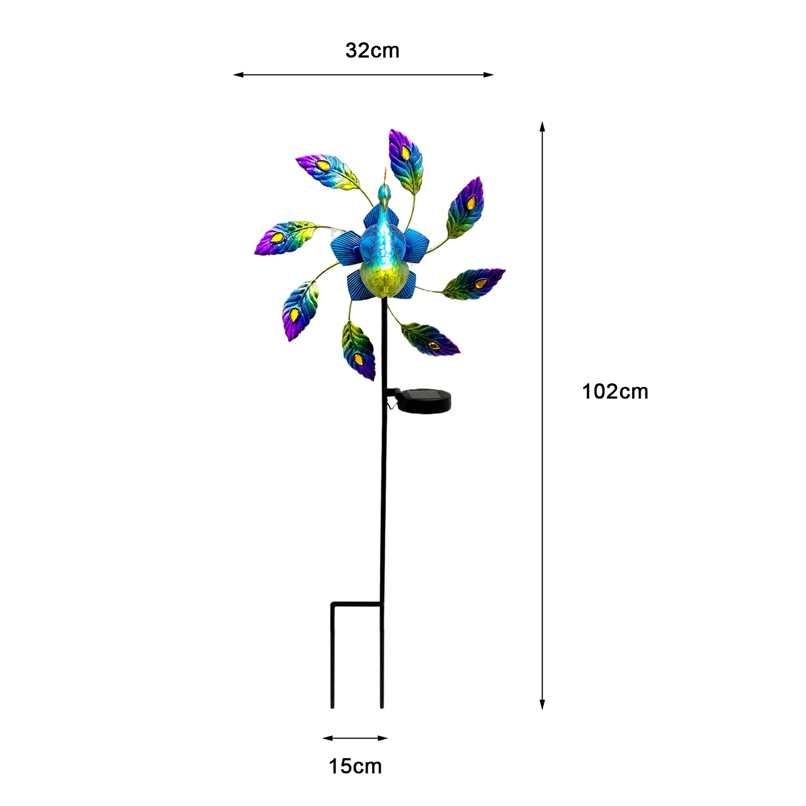 

Garden Decoration Wrought Iron Painted Peacock Solar Light Windmill Wind Spinners Lawn Stake Gardening Ornament