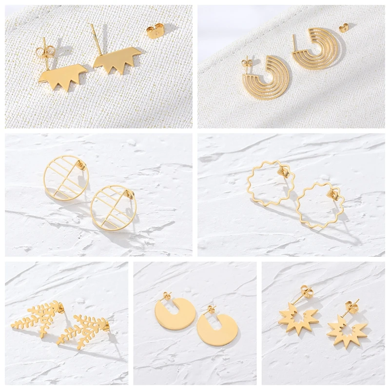 

Minimalism Branch Leaf Cobweb Shape Stud Earring Stainless Steel Geometric Round Circle Sunburst Earrings Women Party Jewelry