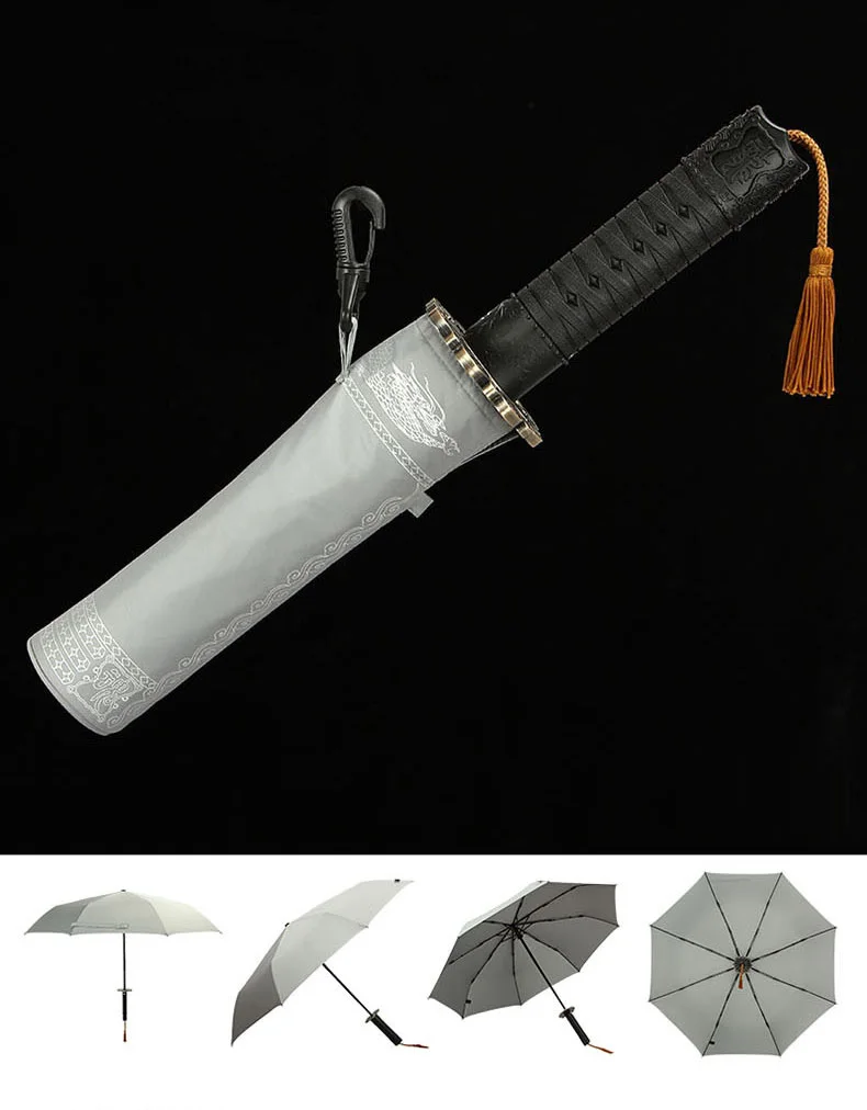 Fully Automatic Samurai Umbrella Rain Men Three-folding Sword Shape Black Japanese Katana Umbrella