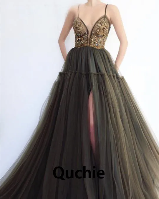 

Spaghetti Straps Boho Evening Dresses High Slit Lace Special Occasion robe soiree Islamic Dubai Kaftan Saudi Arabic Prom Gown