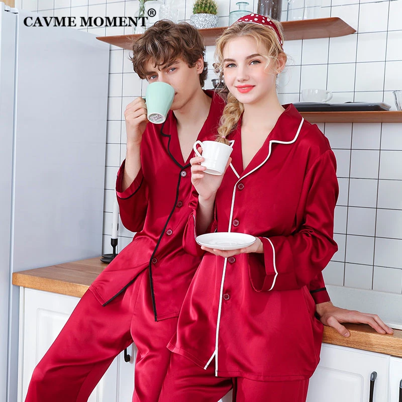 CAVME Satin Silk Pajama Sets for Lover Solid Color Women Pajama Full Sleeve Pants Soft Sleepwear Homewear PLUS SIZE