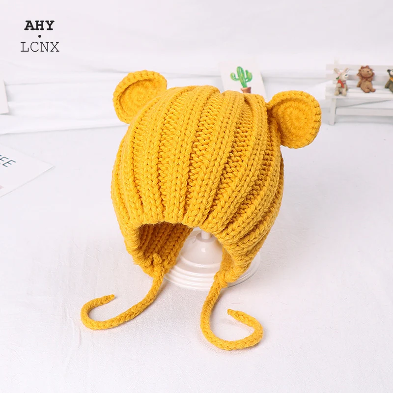 

2021 Новая Вязаная Зимняя Детская шапка с соблазнительными кошачьими ушками, милый, кружевной отделкой и принтом из мультиков, на шнуровке, дл...