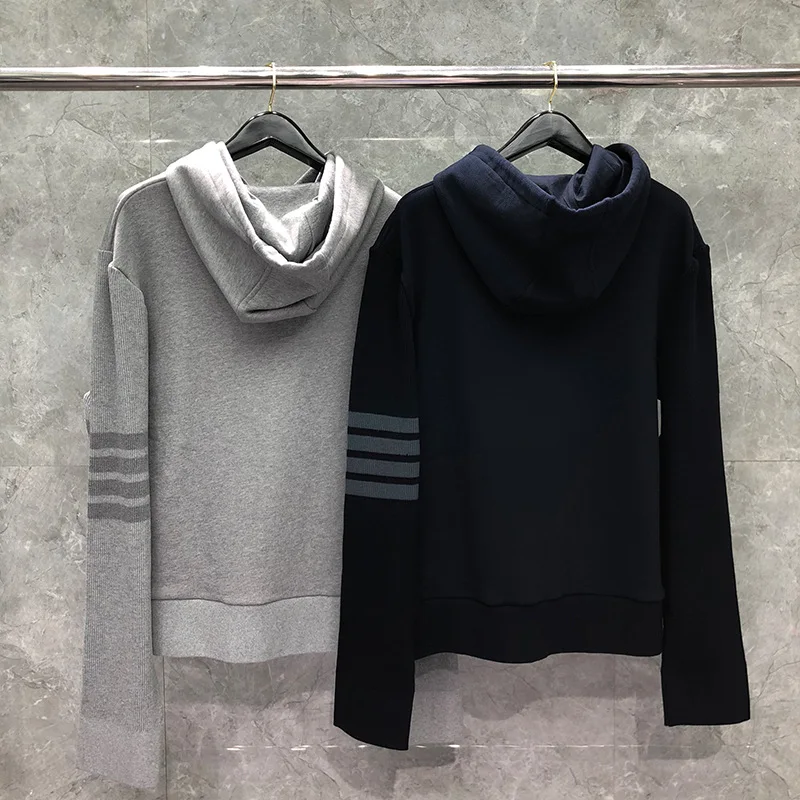 

TB 2021 Fashion THOM Brand Striped hooded Clothing Loose Cotton Jacket Men Sweatshirts Pullovers Casual Hoodies Sportswear Coat