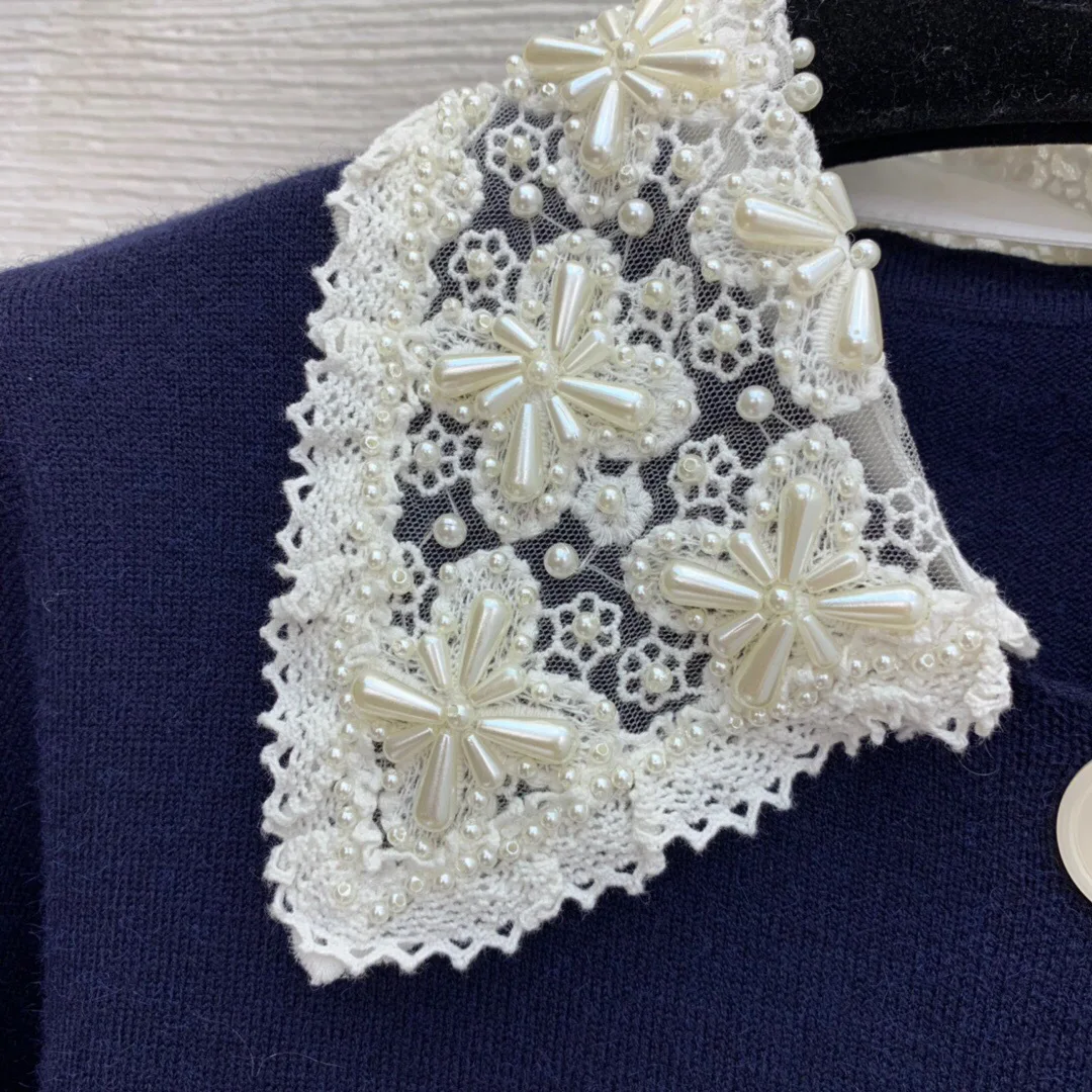 

High Quality Heavy Industry Beaded Lace Flower Lapel Single-breasted Pearl Cardigan Slim Top