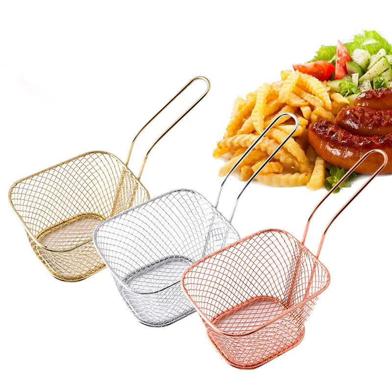 

Mini Fry Baskets Silver Rose Gold Stainless Steel Strainer With Handle French Fries Basket Colander Home Kitchen Cooking Tool