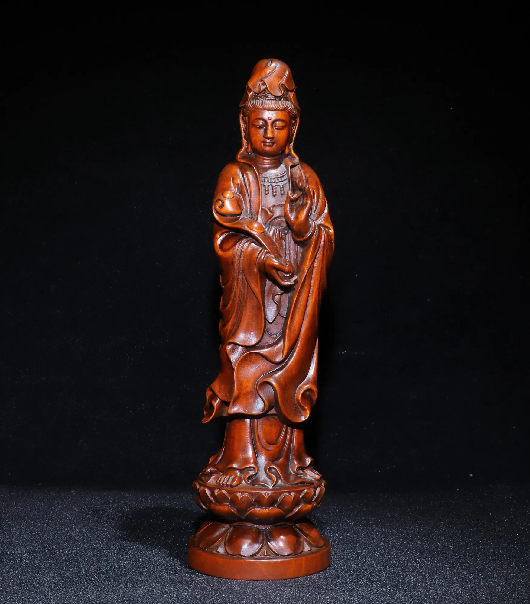 

8"China Lucky Old Boxwood Hand-carved Wishful Guanyin Bodhisattva Standing Buddha Office Ornaments Town House Exorcism