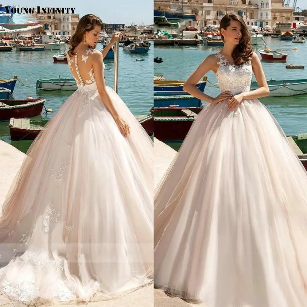 

Hot Sale Ball Gown Pink Lace Applique Wedding Dresses 2021 Buttons Back Perspective Bridal Dress Elegant Long Bridal Dress