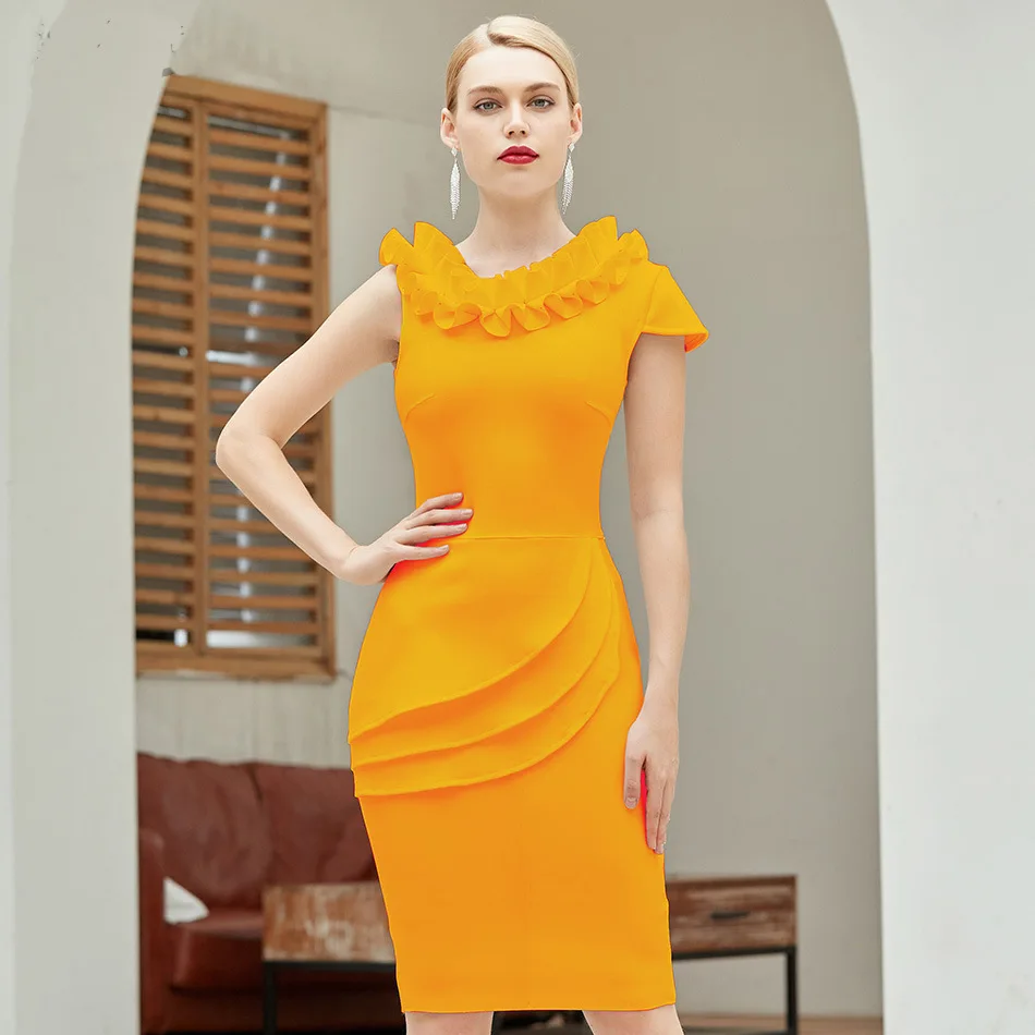 

2021 new summer yellow frill tight-fitting bandage dress sexy sleeveless boat neck mid-length evening dress long