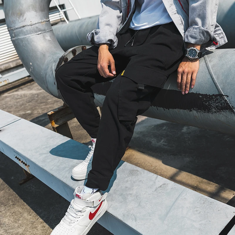 Мужские брюки карго BINHIIRO черные синие зеленые из хлопка и полиэстера с карманами