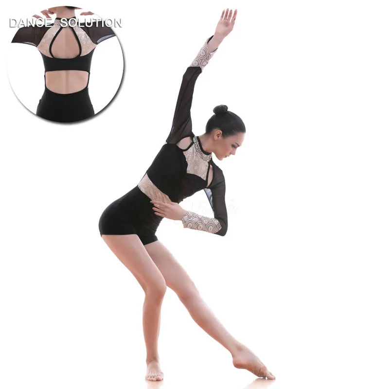 Женский и детский костюм для танцев черная модель с блестками вырезом под ключи