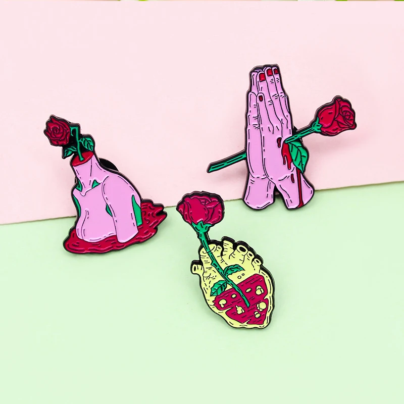 Эмалированная брошь в форме сердца крови розы цветка красная роза прокол обе