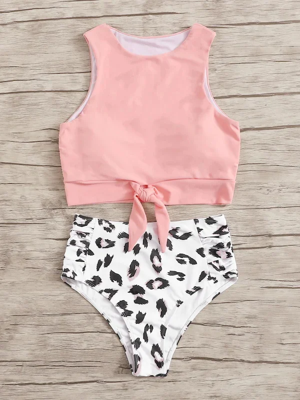 Комплект бикини с цветочным принтом женский купальник высокой горловиной из