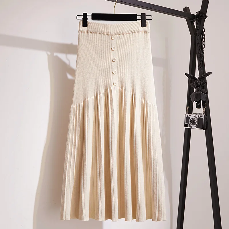 Зима 2019 Осень юбки женские вязаные шерстяные плиссированные длинные пуговицы