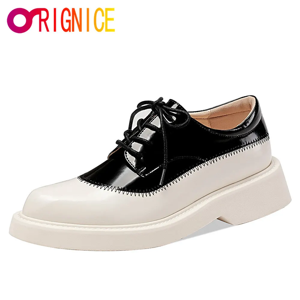 

Orignice Handmade Genuine Leather Pumps Spring Autumn Mixed Color Size 34-40 Pointed Toe Retro Lace Up Low Heels Women's Shoes