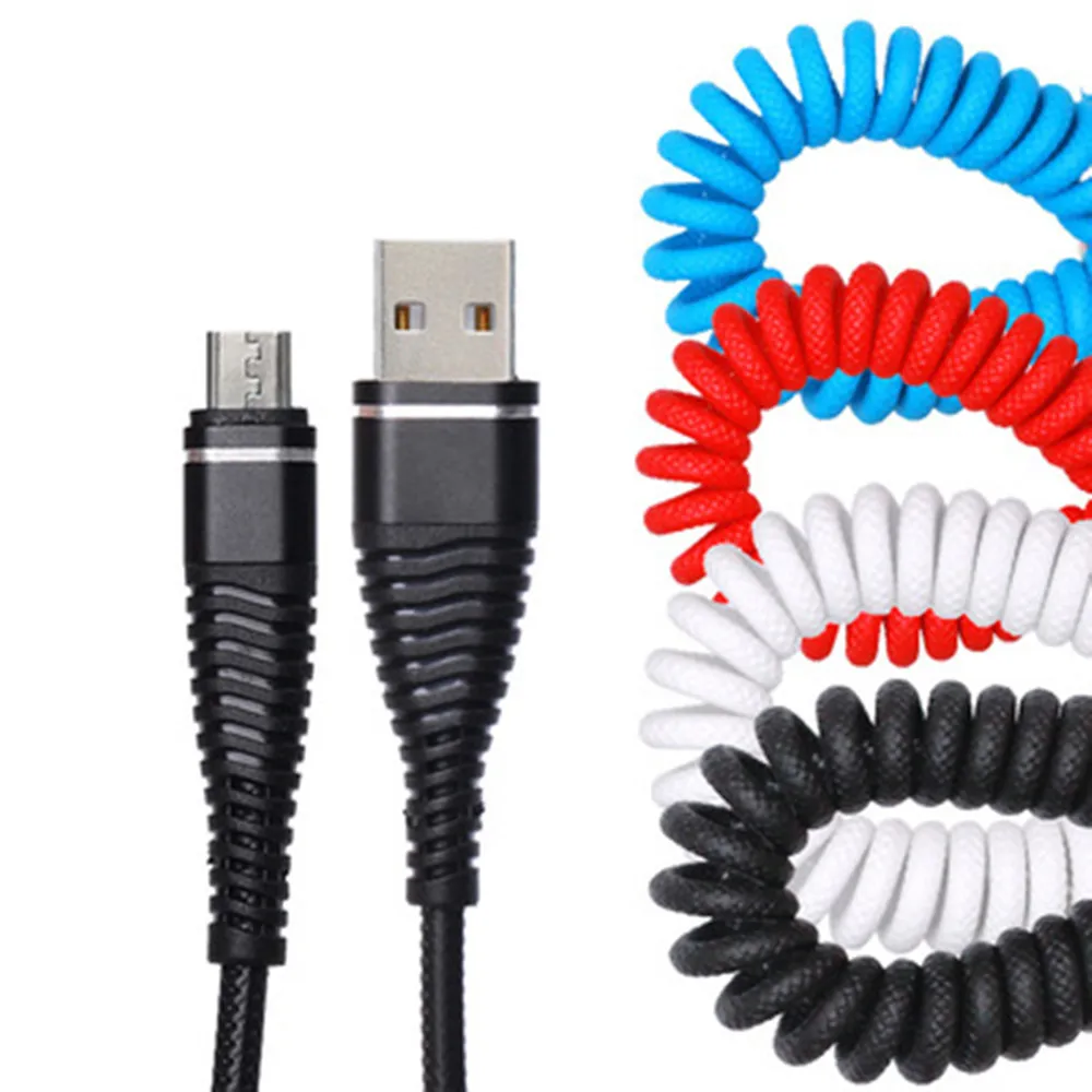 

PU Retractable Spring Type C Micro USB 2.4A Fast Charging Cable Data Sync Cable Flexible Elastic Stretch Charger Cable