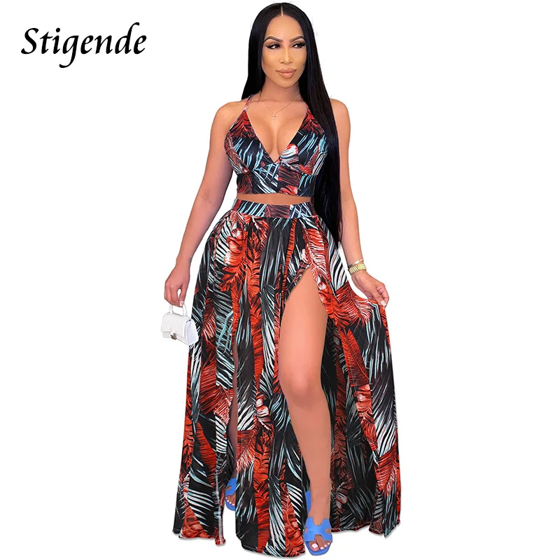 Женский костюм-двойка с юбкой-спагетти и принтом пальмовых листьев |