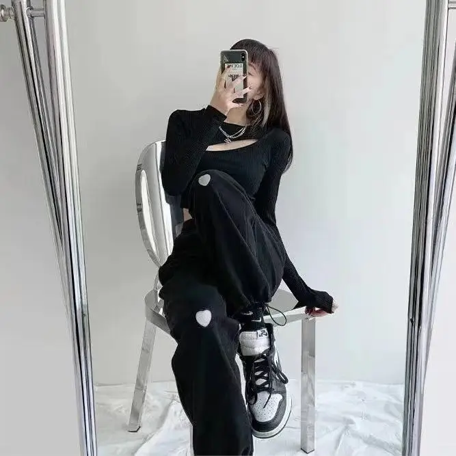 

Spring and summer minority love label loose straight sports pants women's high waist slim Leggings versatile casual pants