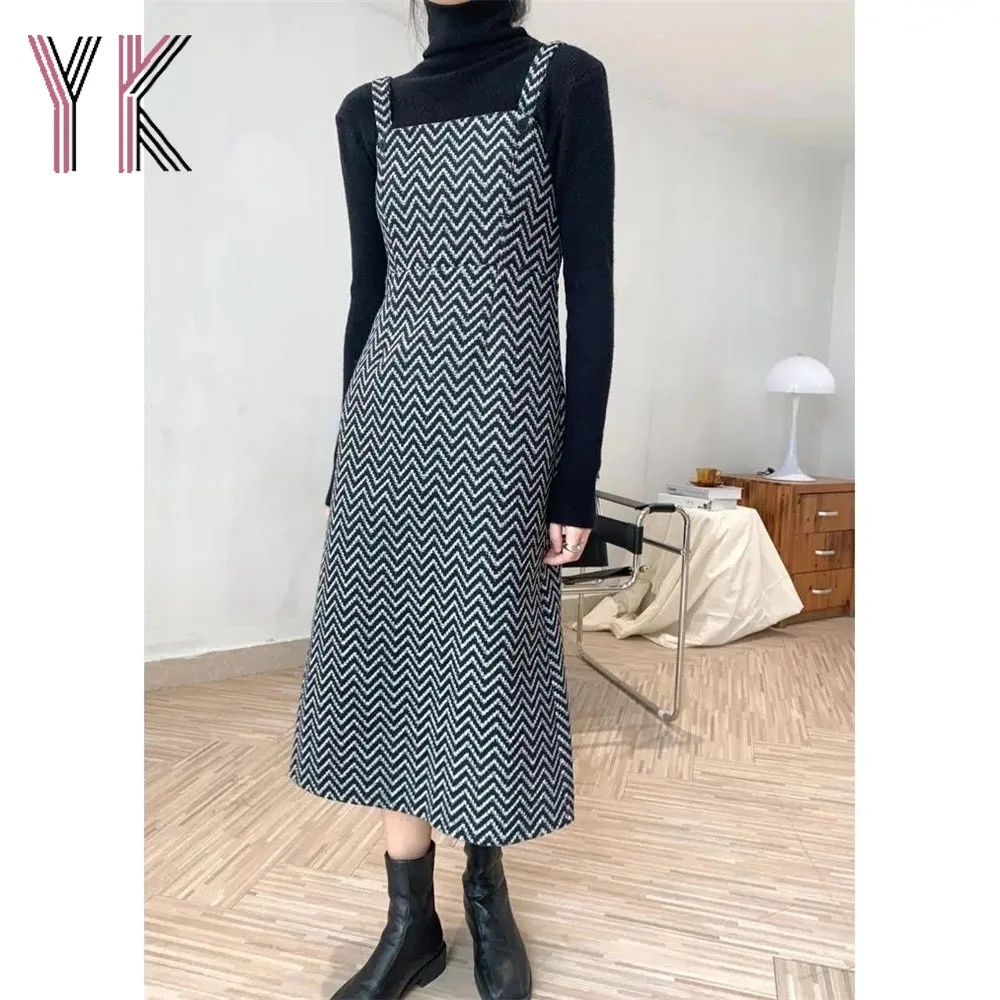 

Женское шерстяное платье на бретельках с принтом в полоску + трикотажная рубашка с высоким воротником, костюм из 2 предметов, элегантный Фра...