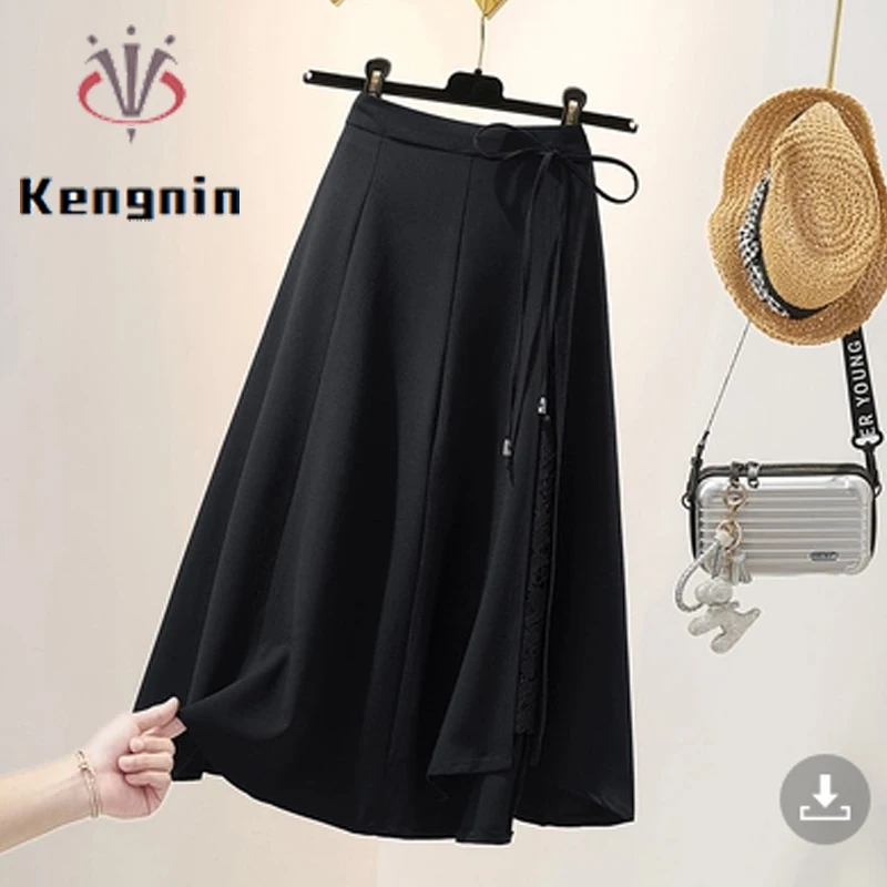 

Loose Oversized 4XL Womne's Skirts Autumn Winter Lace Patchwork Black Skirt Bow Sashes A-Line Office Lady Work Skirts KE1950