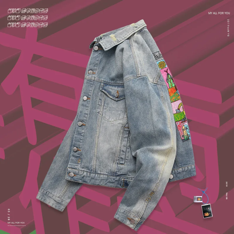 Джинсовая куртка с двумя карманами Забавный мультяшный комикс цветная ручная