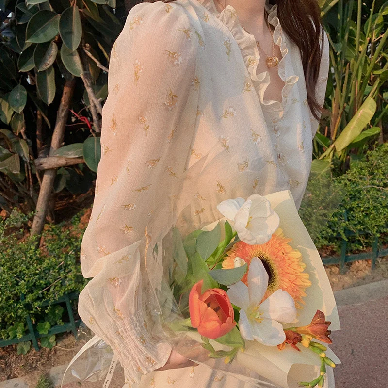 

Herfst/Winter Mori Style Fairy Dress Flowers Long Mouw Women's Tea Break