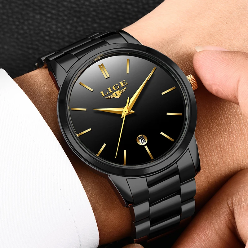 LIGE золотые мужские s часы лучший бренд класса люкс модные бизнес из нержавеющей