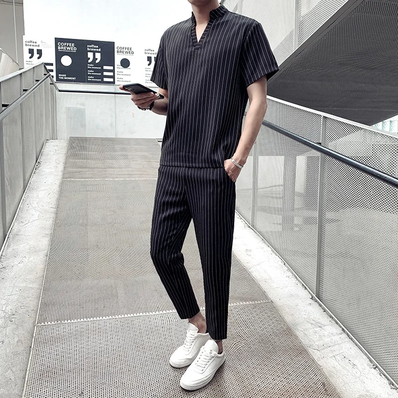 

Casual Suit Men's Clothing New Men's Japanese Trend Striped Nine-point Pants Men's Stretch Sports Two-piece Suit 5XL