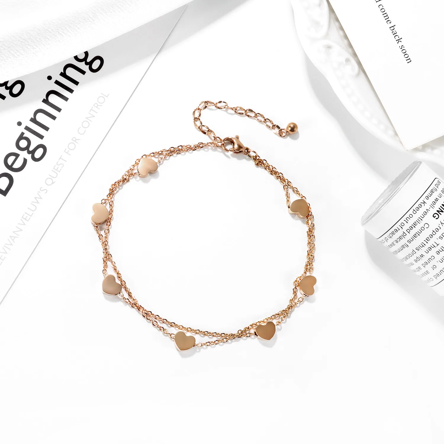 

Friendship Jewelry For Women Rose Gold Color Stainless Steel Ladies Female Foot Bracelet Double Layer Heart Charm Anklets
