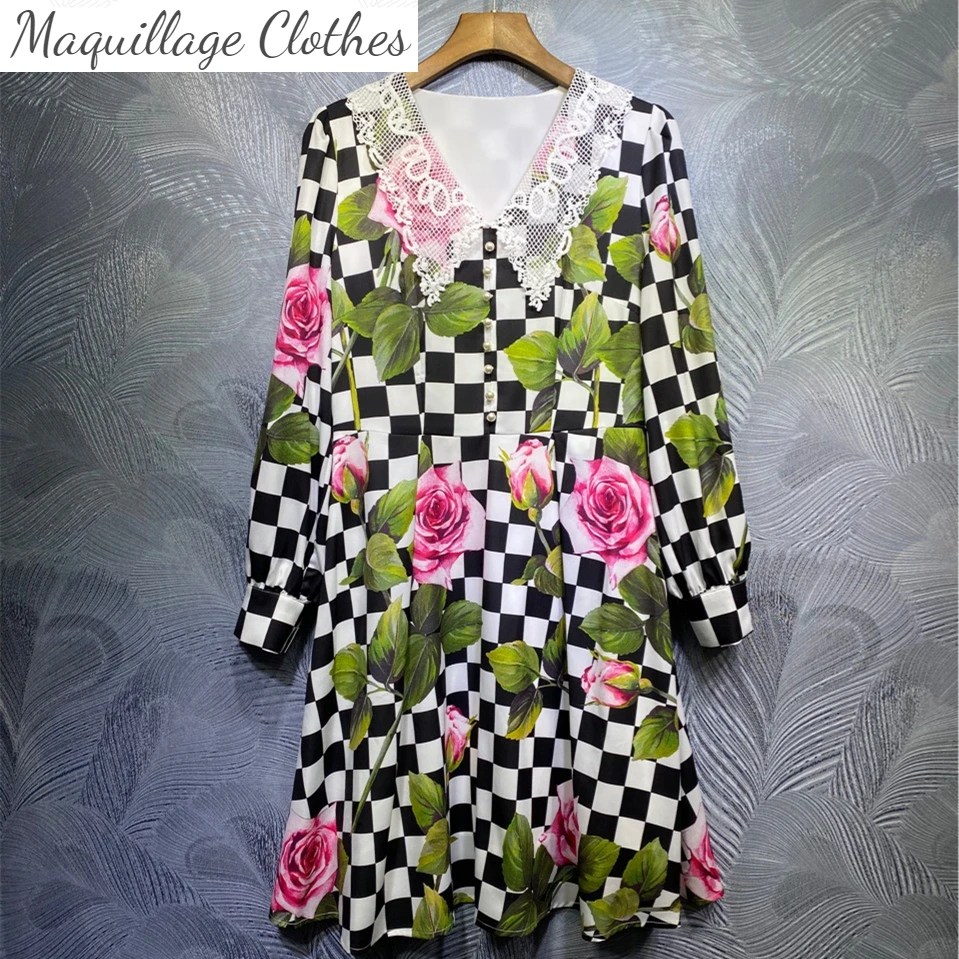 

Шикарный Для женщин элегантное клетчатое платье Весна 2021 взлетно-посадочной полосы с цветочным принтом платье с кружевным воротником B884