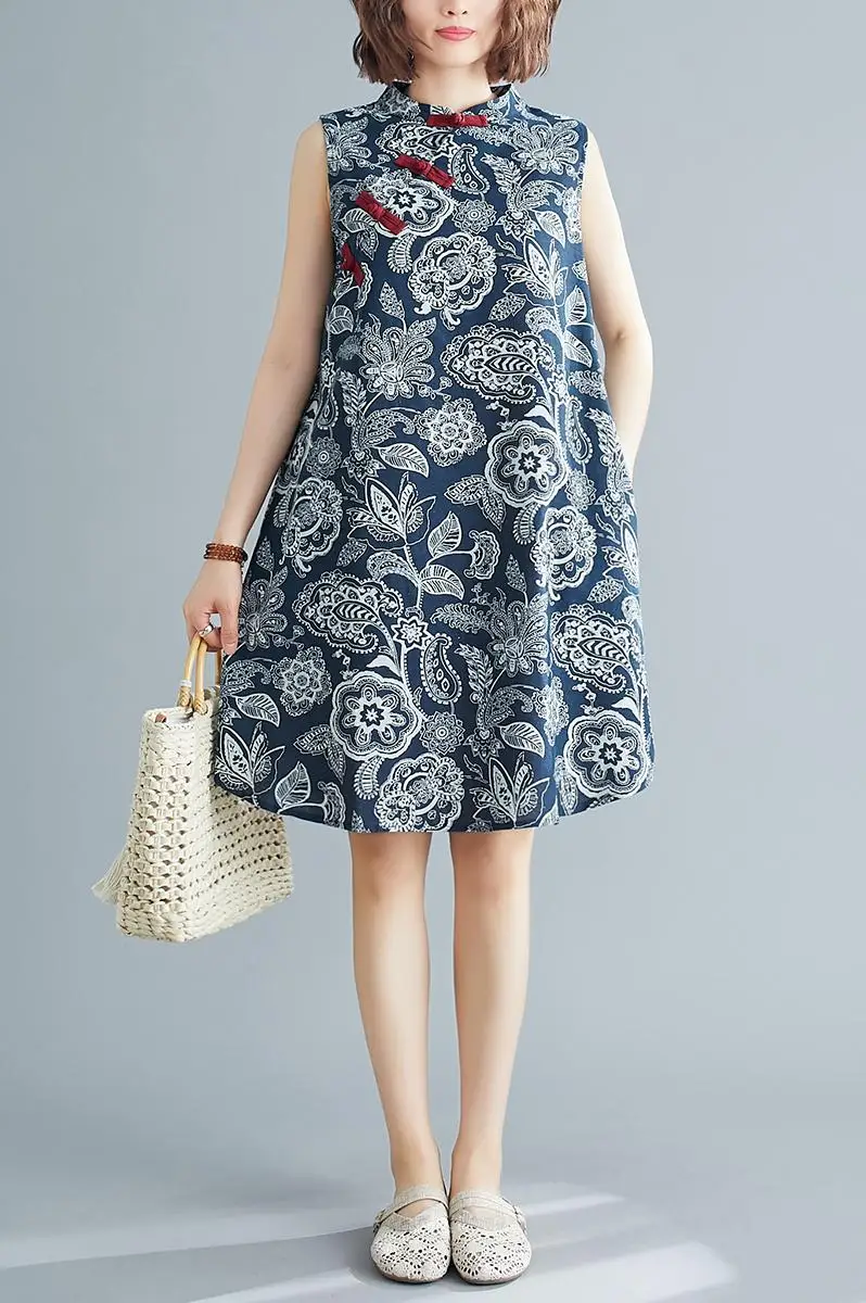 

COIGARSAM 3XL Plus Size Cheongsam Cotton Linen Women dress Vintage Loose Dresses Dark Blue 7101