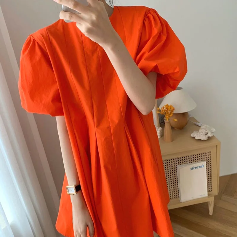 

Женское платье, корейское шикарное летнее белое Сетчатое красное оранжевое платье с круглым вырезом и рукавами-пузырями, женское платье с к...