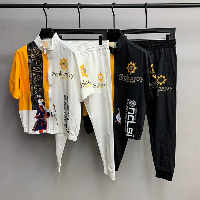 

Europe station summer new men's fashion suit stand collar cardigan personalized Eagle letter digital printing two piece set